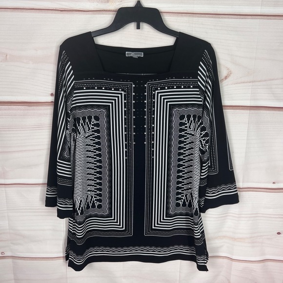 JM Collection Tops - JM Collection Top Womens M Black 3/4‎ Sleeve Blouse Geometric Rhinestones Knit